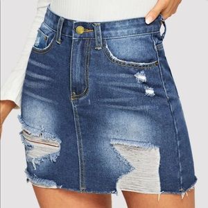 Distressed Denim Jean Skirt Dark Wash Ripped Raw